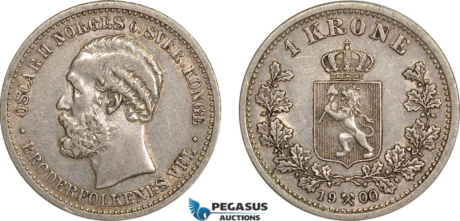 AB566, Norway, Oscar II, 1 Krone 1900, Kongsberg, Silver, Partial luster, VF-XF