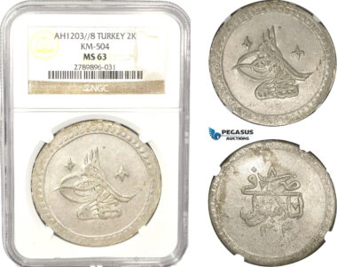 AB642, Ottoman Empire, Turkey, Selim III, 2 Kurus AH1203/8, Islambul (Instanbul) NGC MS63