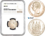 AB671, Danish West Indies, Frederik VIII, 20 Cents / Franc 1907, Copenhagen, Silver, NGC MS63