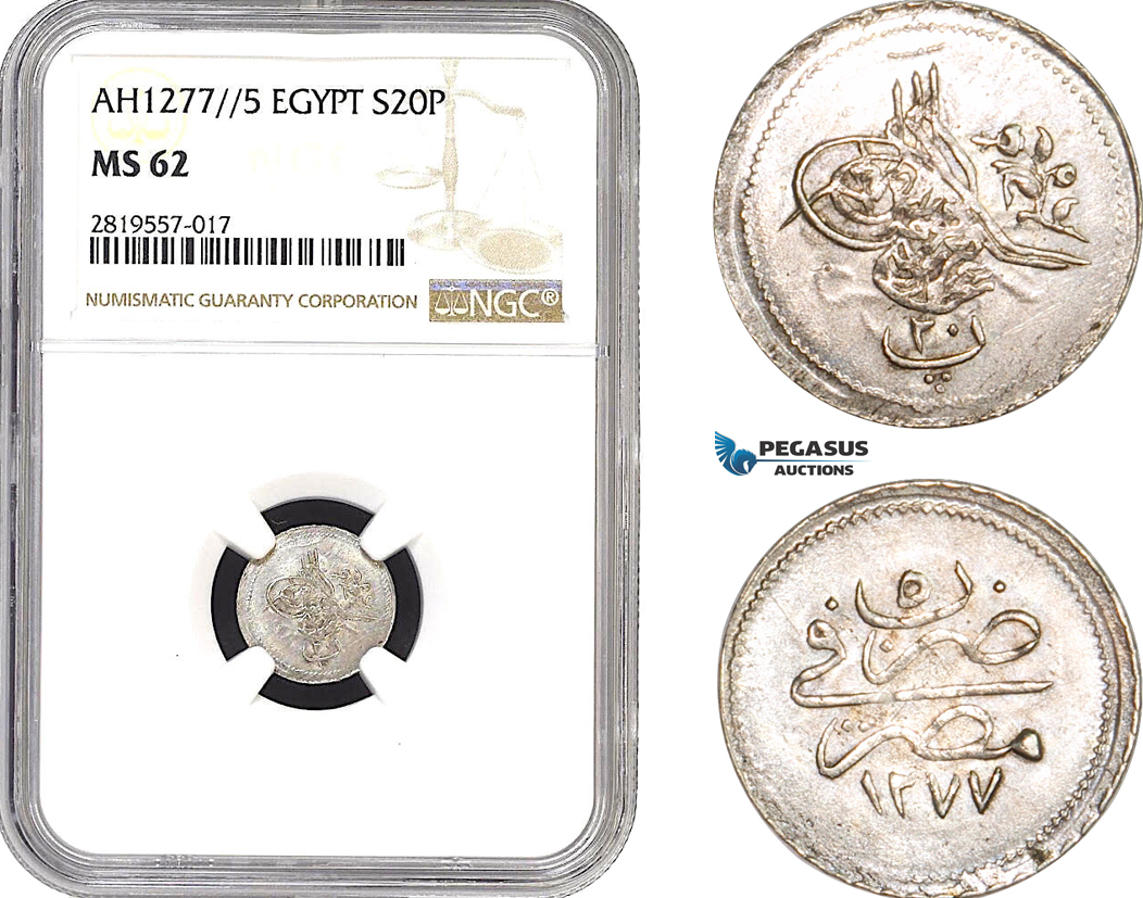 AB673-R, Ottoman Empire, Egypt, Abdulaziz, 20 Para AH1277/5, Misr, NGC MS62