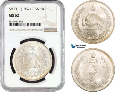 AB702, Iran, Reza Shah, 5 Rials SH1311(1932) Silver, NGC MS62