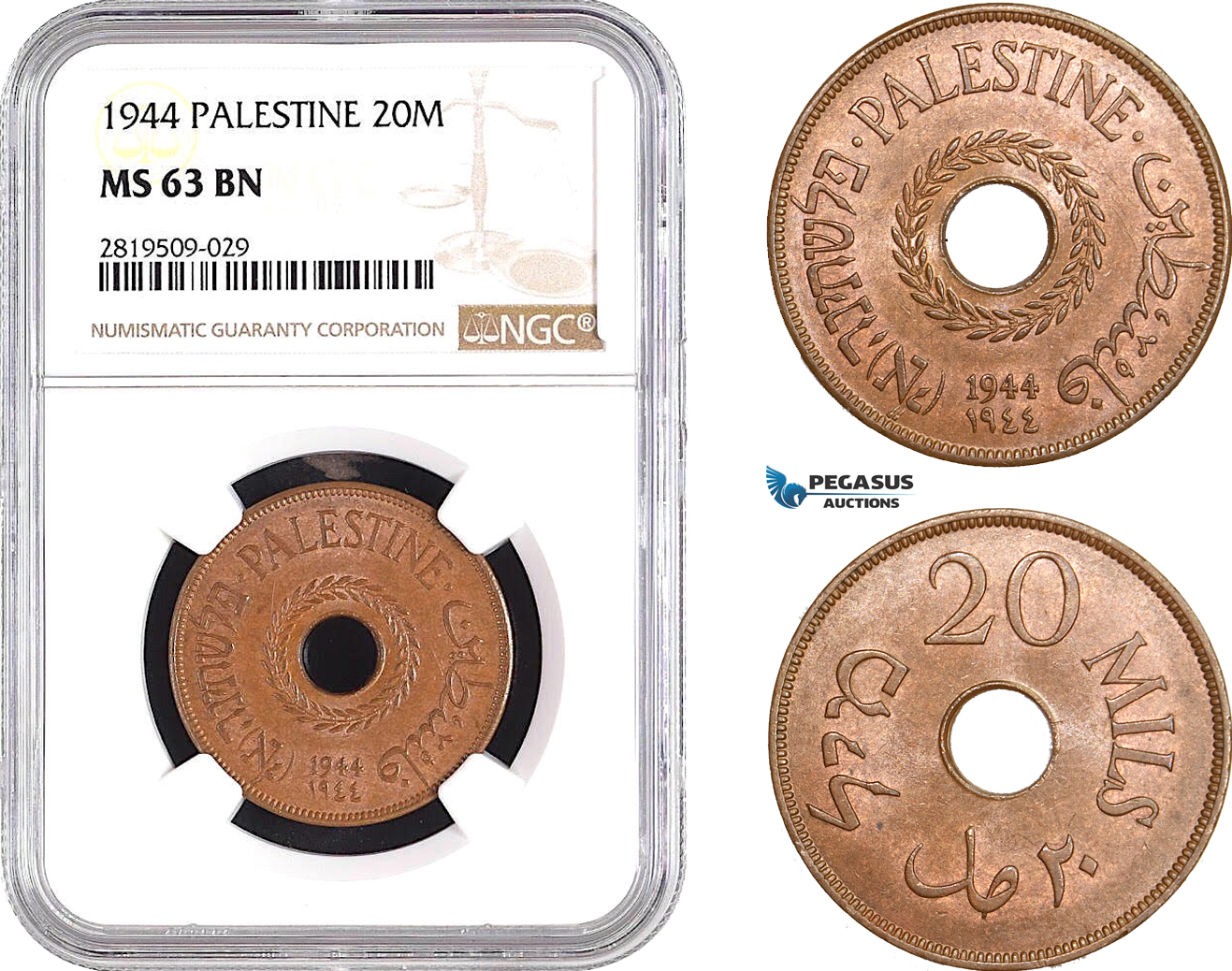 AB724, Palestine, 20 Mils 1944, London, NGC MS63BN
