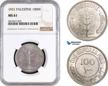 AB725, Palestine, 100 Mils 1931, London, Silver, NGC MS61, Rare!