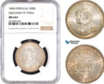 AB731, Portugal, Carlos I, 500 Reis 1898, Lisbon, Silver, "Discovery of India" NGC MS64+