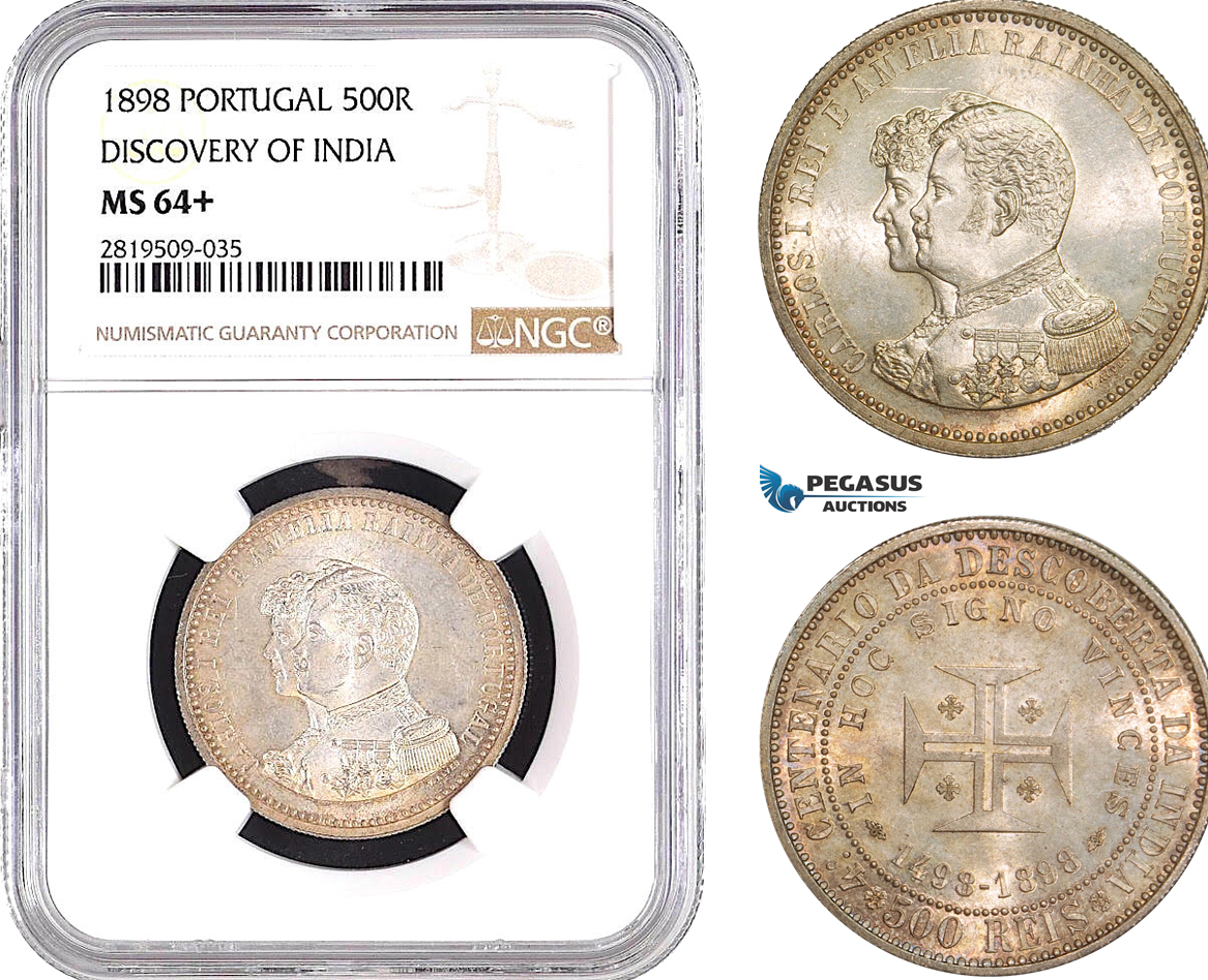 AB731, Portugal, Carlos I, 500 Reis 1898, Lisbon, Silver, "Discovery of India" NGC MS64+