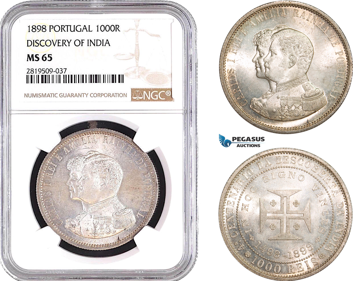 AB733, Portugal, Carlos I, 1000 Reis 1898, Lisbon, Silver, "Discovery of India" NGC MS65