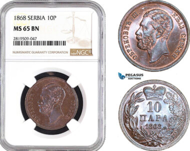 AB748, Serbia, M. Obrenovic III, 10 Para 1868, NGC MS65BN