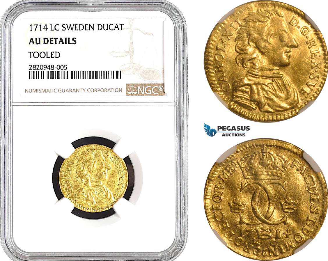 AB759, Sweden, Karl XII, Ducat (Dukat) 1714 LC, Stockholm, Gold, NGC AU Details