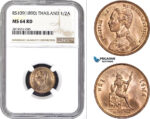 AB761-R, Thailand, Rama V, 1/2 Att RS109 (1890) NGC MS64RD, Pop 1/0