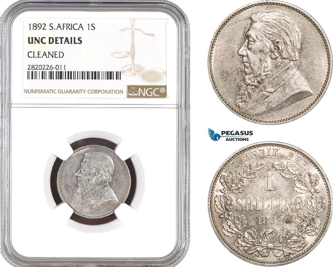 AB820, South Africa (ZAR) 1 Shilling 1892, Berlin, Silver, NGC UNC Details