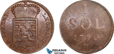 AB830, Luxembourg, Leopold II of Austria, 1 Sol 1790-H, Günzburg, Lustrous AU