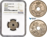 AB845, Belgium, Leopold II, 10 Centimes 1901, with center hole (French legend) NGC MS65, Pop 2/0
