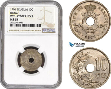 AB845, Belgium, Leopold II, 10 Centimes 1901, with center hole (French legend) NGC MS65, Pop 2/0