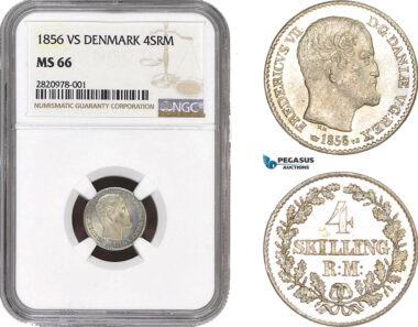 AB866, Denmark, Frederik VII, 4 Skilling 1856, Silver, NGC MS66, Pop 1/0