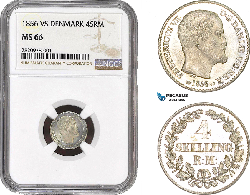 AB866, Denmark, Frederik VII, 4 Skilling 1856, Silver, NGC MS66, Pop 1/0