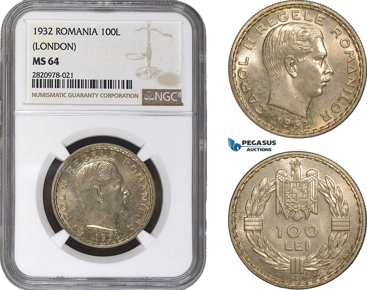 AB900, Romania, Carol II, 100 Lei 1932, London, Silver, NGC MS64