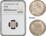 AB927-R, Venezuela, 1/4 Bolivar 1912, Paris, Silver, NGC AU58