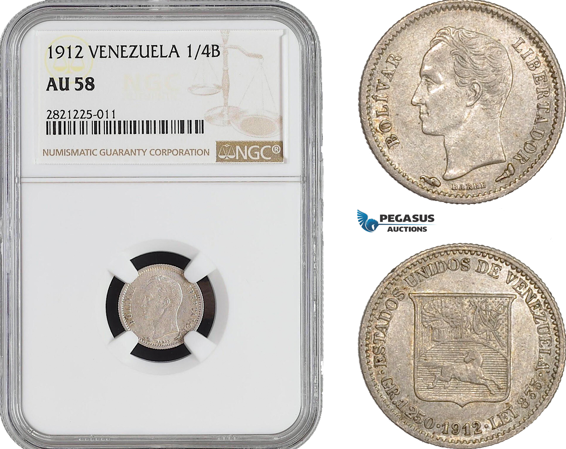 AB927-R, Venezuela, 1/4 Bolivar 1912, Paris, Silver, NGC AU58