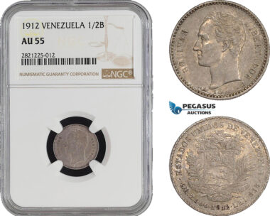 AB928-R, Venezuela, 1/2 Bolivar 1912, Paris, Silver, NGC AU55