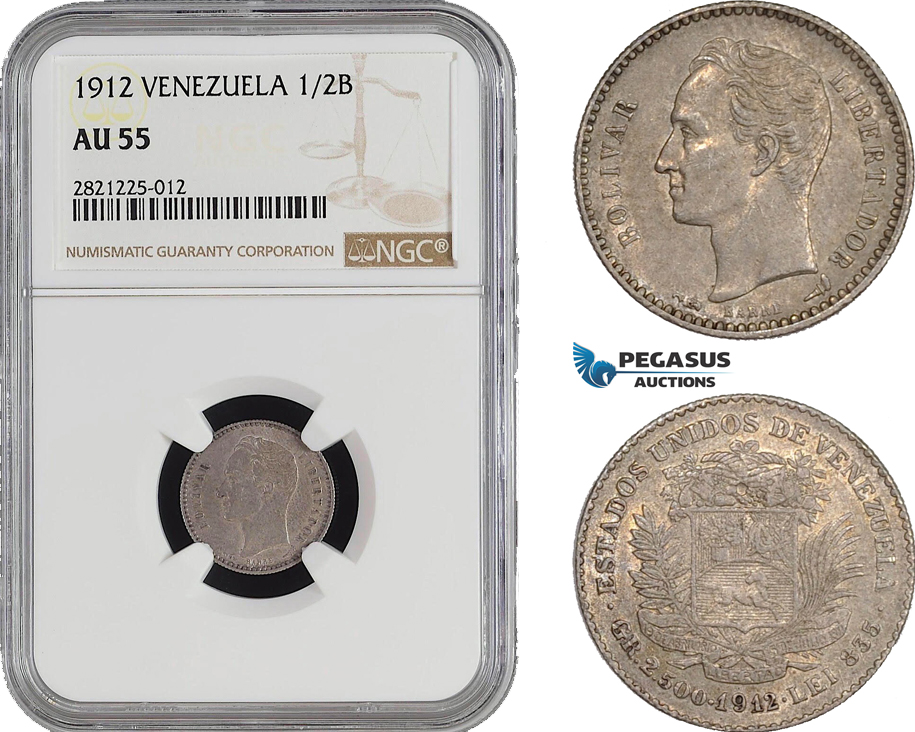 AB928-R, Venezuela, 1/2 Bolivar 1912, Paris, Silver, NGC AU55