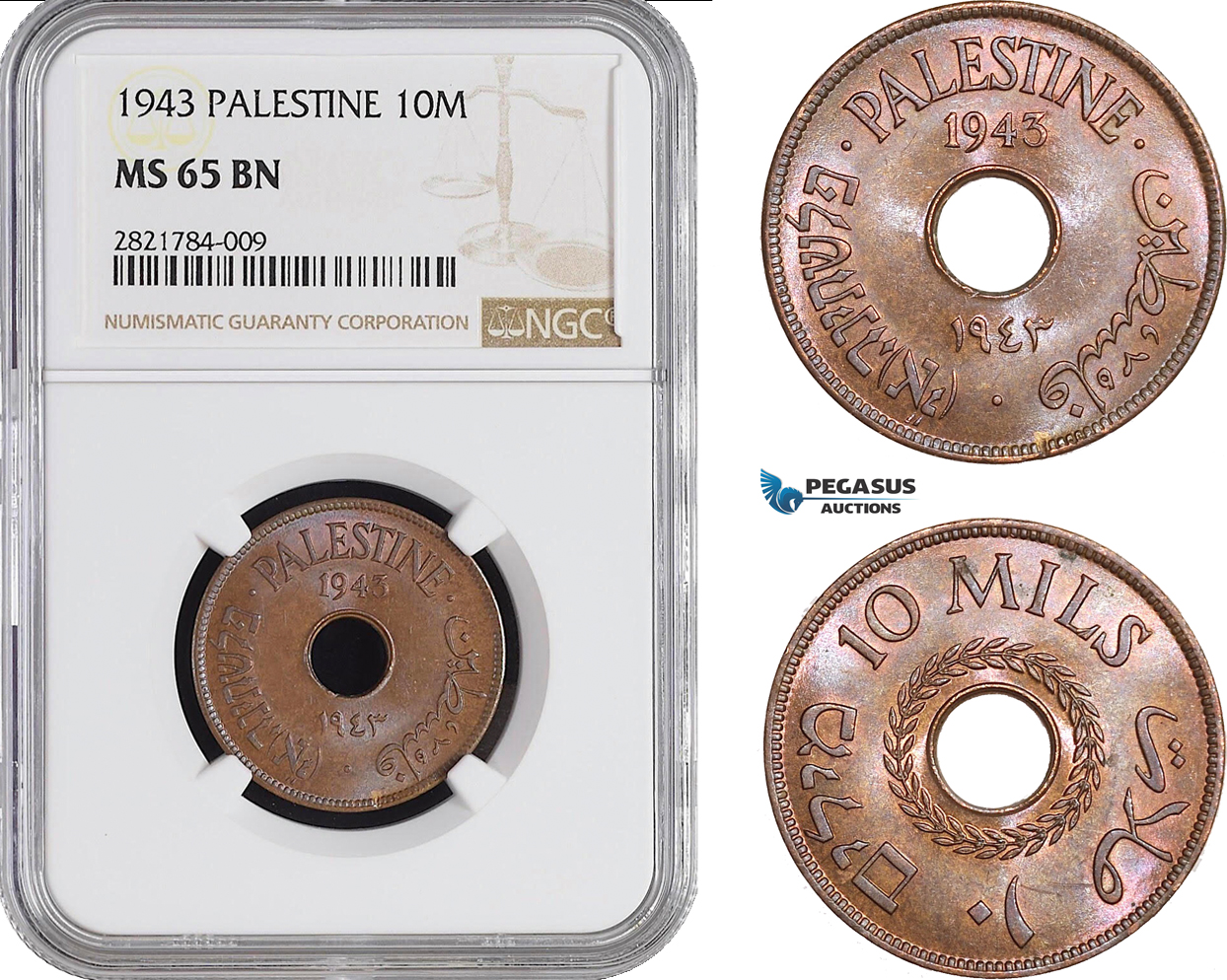 AB971, Palestine, 10 Mils 1943, London, NGC MS65BN, Pop 3/2