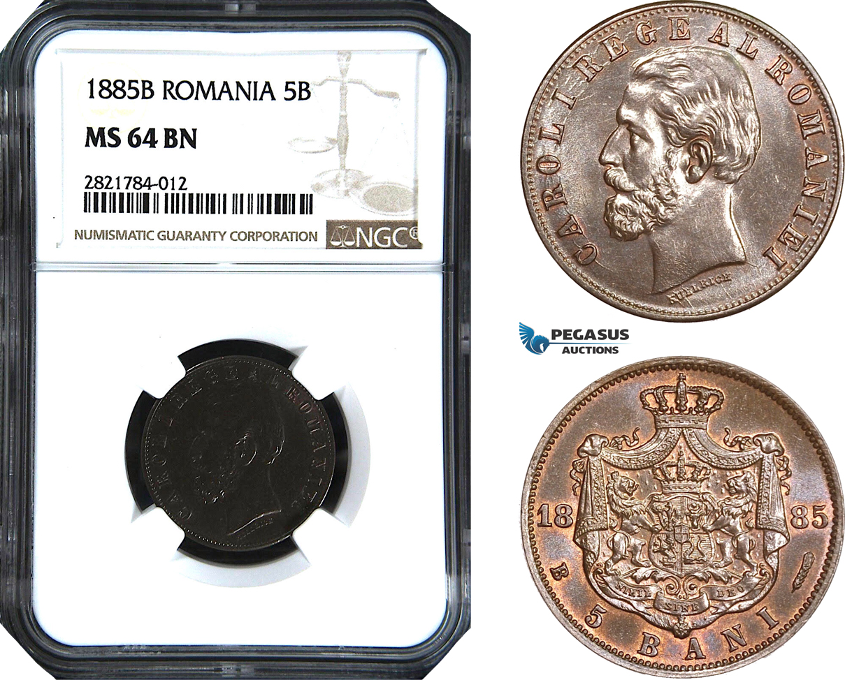 AB974, Romania, Carol I, 5 Bani 1885-B, Bucharest, NGC MS64BN