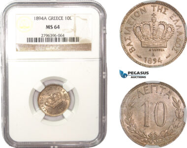 AC055, Greece, George I, 10 Lepta 1894-A, Paris, NGC MS64