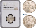 AC069, Lithuania, 2 Litu 1925, Silver, NGC MS63+