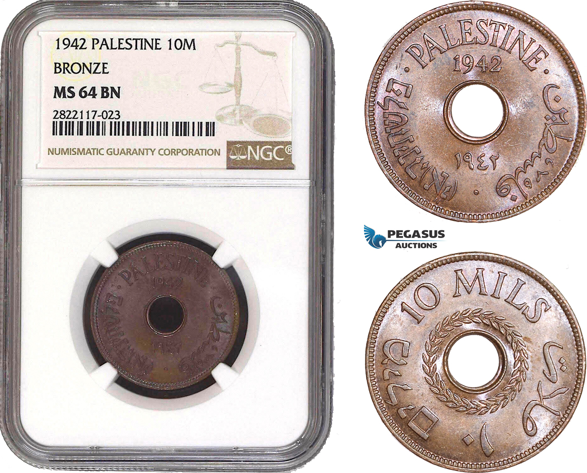 AC071, Palestine, 10 Mils 1942, London, Bronze, NGC MS64BN