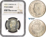 AC089, Sweden, Gustaf V, 2 Kronor 1937 G, Stockholm, Silver, NGC PF64 Cameo, Pop 1/0
