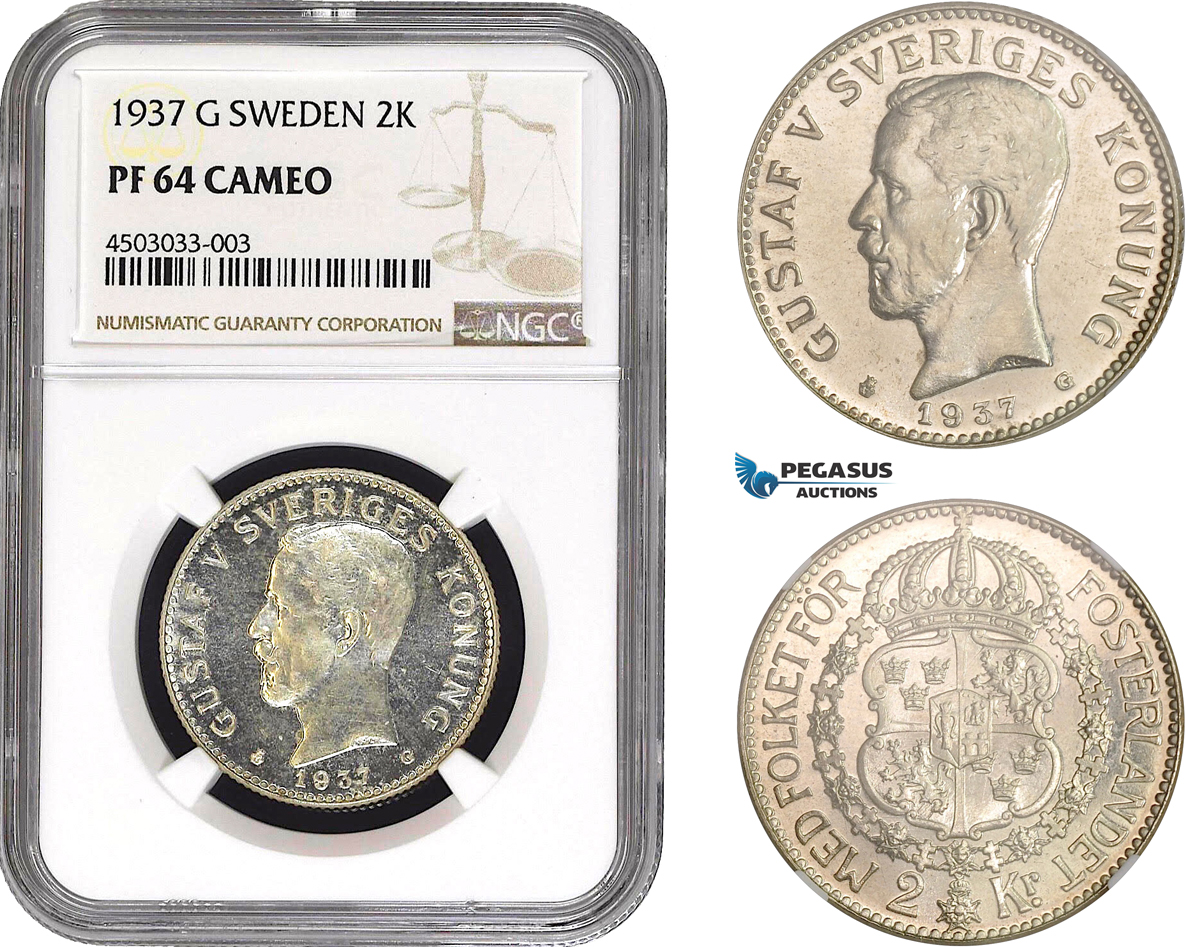 AC089, Sweden, Gustaf V, 2 Kronor 1937 G, Stockholm, Silver, NGC PF64 Cameo, Pop 1/0