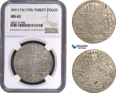 AC090, Ottoman Empire, Turkey, Ahmed III, Zoloto AH1115 (1703) Islambul, NGC MS62, Pop 1/2