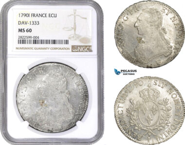 AC144, France, Louis XVI, Ecu 1790-I, Limoges, Silver, NGC MS60
