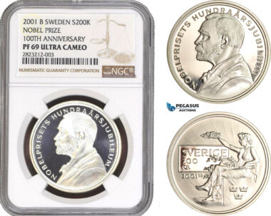 AC155, Sweden, Nobel Prize Centennial 200 Kronor 2001, Stockholm, Silver, NGC PF69UC, Pop 1/0