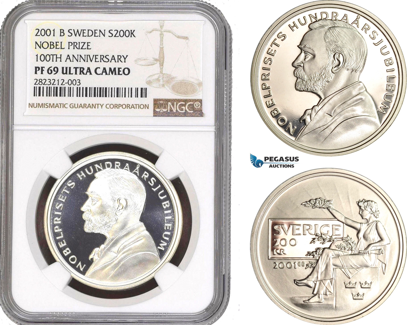 AC155, Sweden, Nobel Prize Centennial 200 Kronor 2001, Stockholm, Silver, NGC PF69UC, Pop 1/0