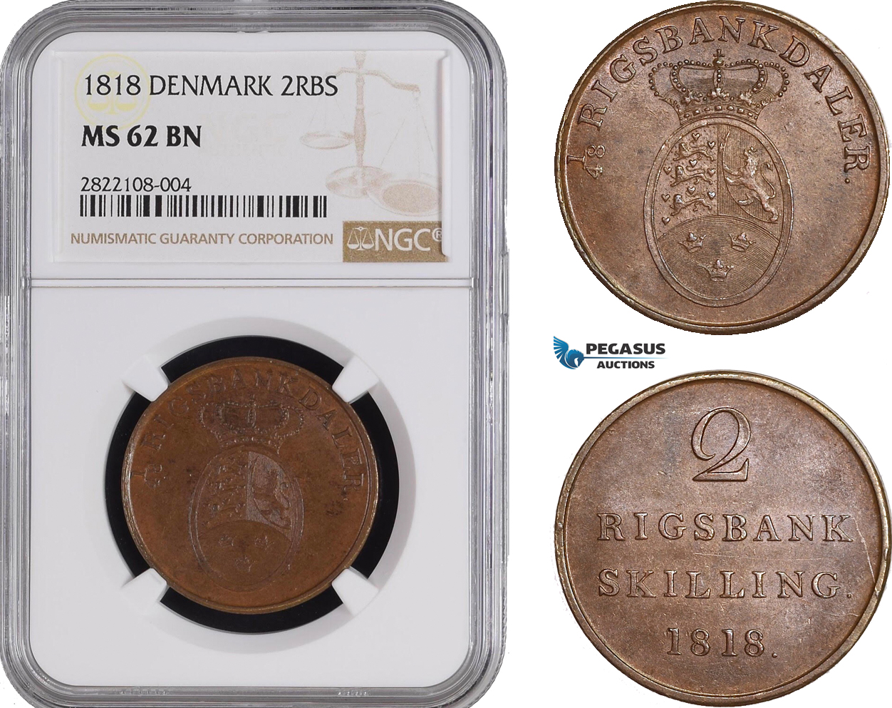 AC224, Denmark, Frederik VI, 2 Rigsbankskilling 1818, Copenhagen, NGC MS62BN