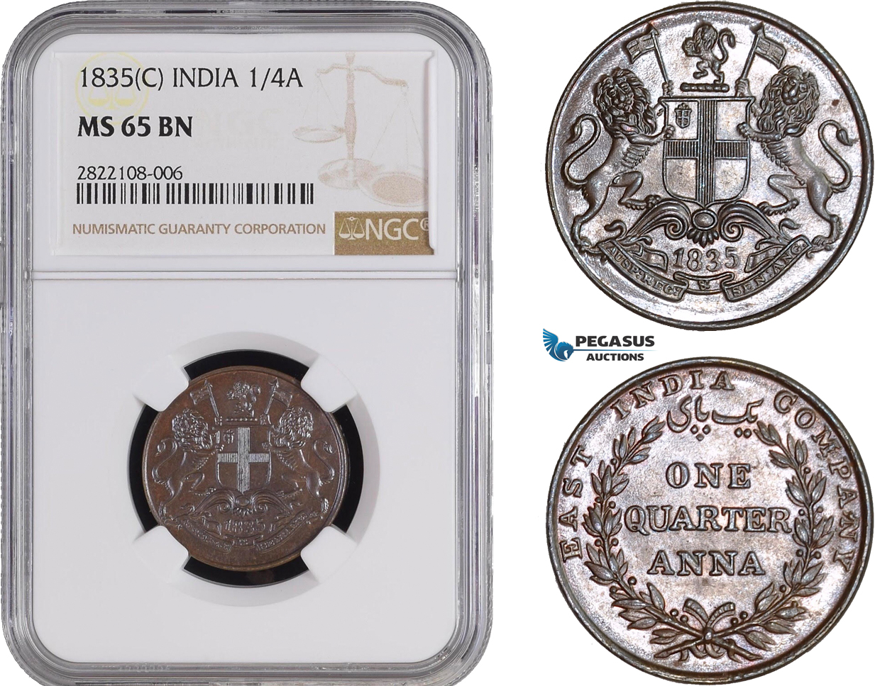 AC242, India (EIC) 1/4 Anna 1835 (C) Calcutta, NGC MS65BN
