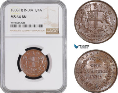 AC243, India (EIC) 1/4 Anna 1858 (H) Heaton, NGC MS64BN