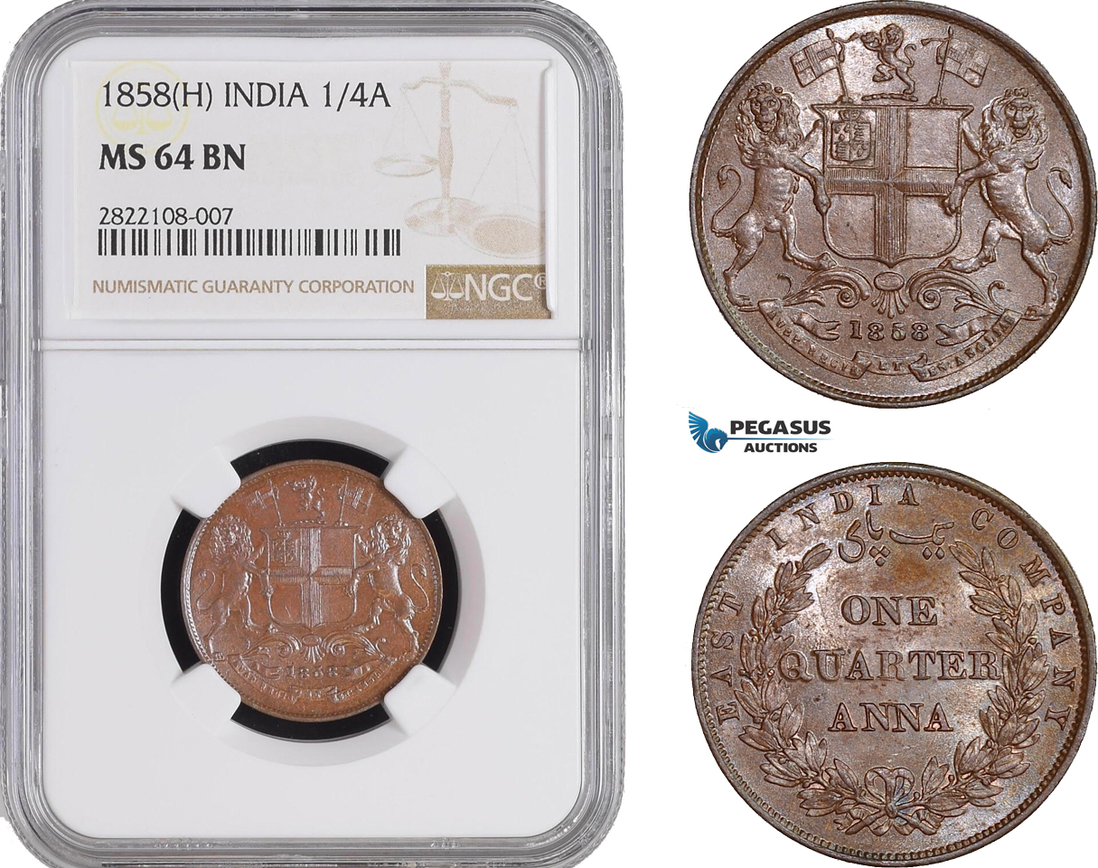 AC243, India (EIC) 1/4 Anna 1858 (H) Heaton, NGC MS64BN