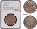 AC244, India (EIC) 1/2 Anna 1845 (C) Calcutta, NGC MS65BN, Rare!