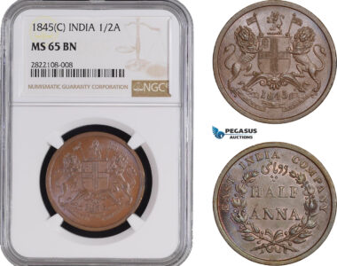 AC244, India (EIC) 1/2 Anna 1845 (C) Calcutta, NGC MS65BN, Rare!