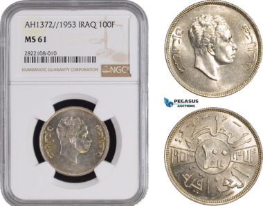 AC246, Iraq, Faisal II, 100 Fils AH1372/1953, Silver, NGC MS61