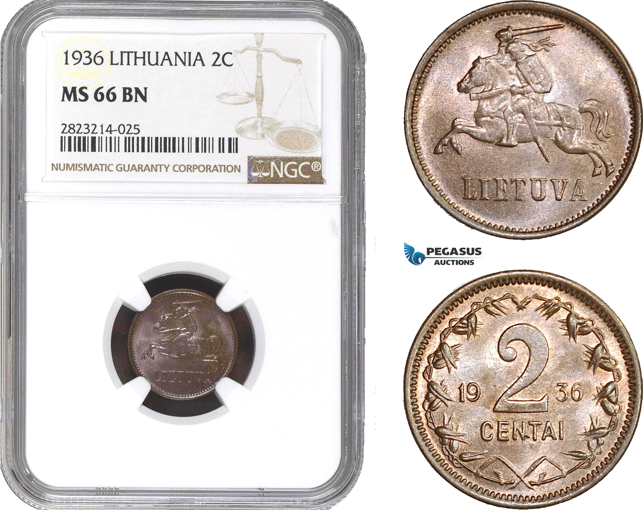 AC252, Lithuania, 2 Centai 1936, NGC MS66BN, Pop 2/0, Rare Grade!