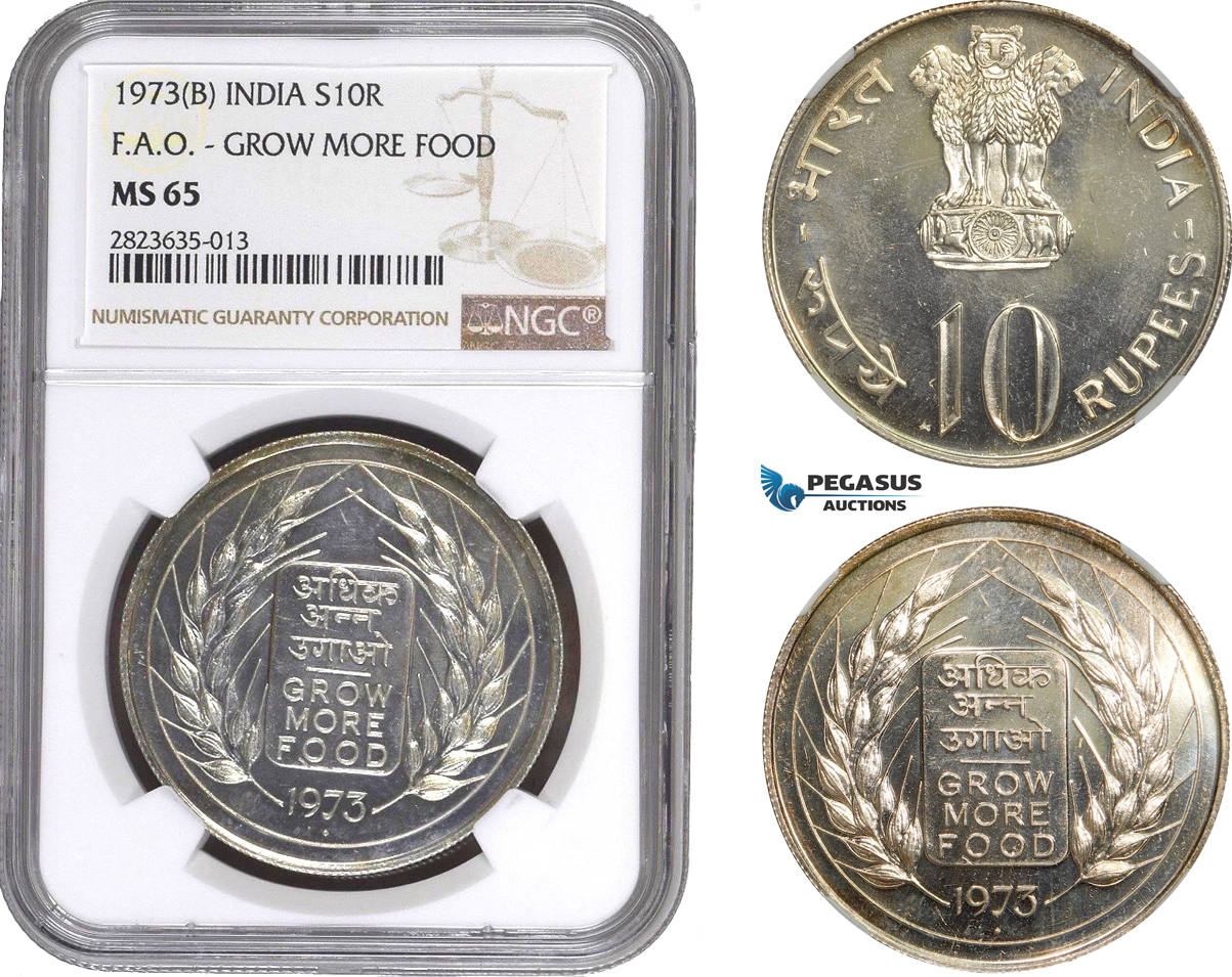 AC305-R, India, 10 Rupees 1973 (B) Bombay, Silver, NGC MS65 (F.A.O. - Grow more food)