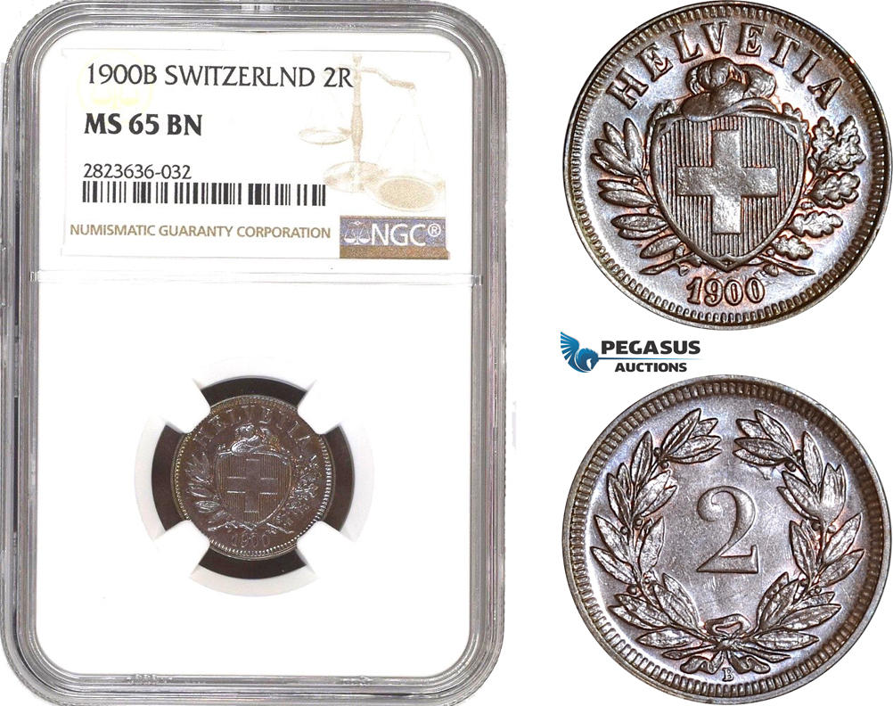 AC325, Switzerland, 2 Rappen 1900-B, Bern, NGC MS65BN, Pop 2/0