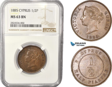AC348, Cyprus, Victoria, 1/2 Piastre 1885, London, NGC MS63BN, Pop 4/0