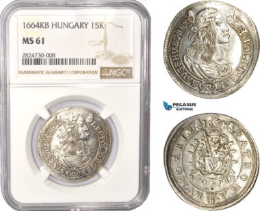 AC383, Hungary, Leopold I, 15 Krajczar 1664-KB, Kremnitz, Silver, NGC MS61