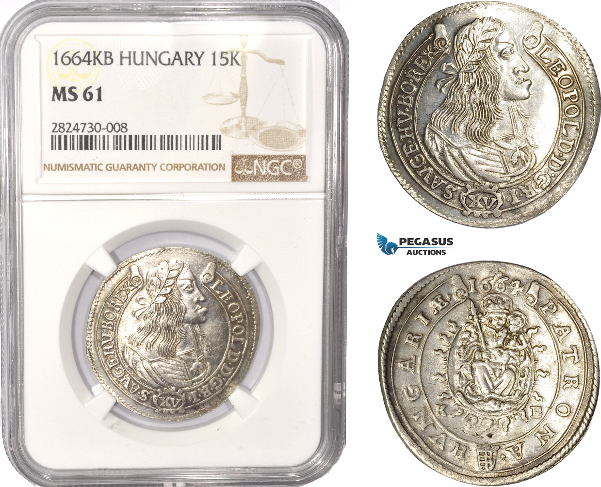 AC383, Hungary, Leopold I, 15 Krajczar 1664-KB, Kremnitz, Silver, NGC MS61