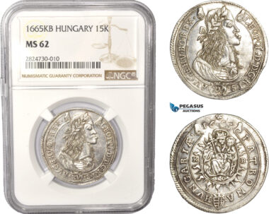 AC384, Hungary, Leopold I, 15 Krajczar 1665-KB, Kremnitz, Silver, NGC MS62