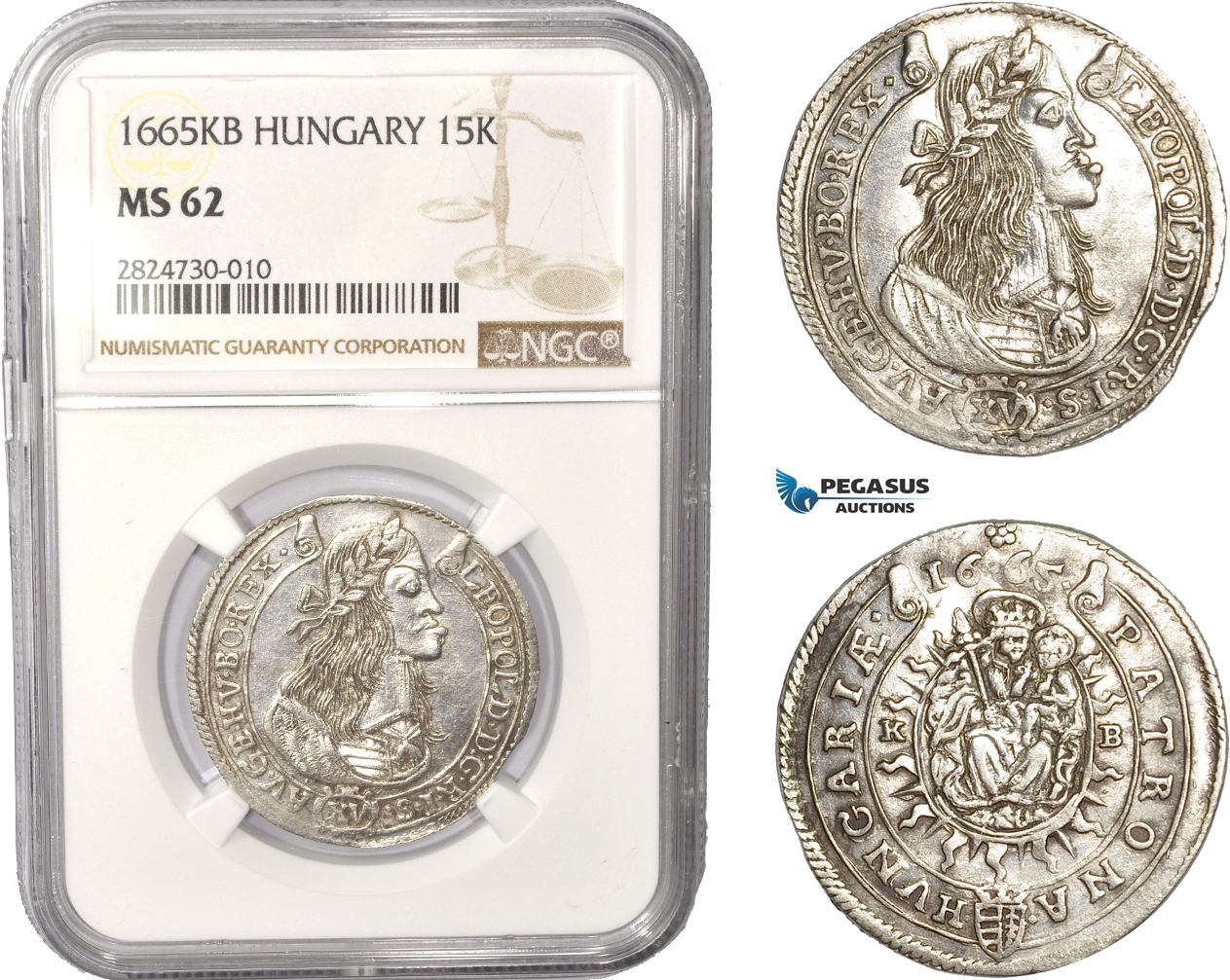 AC384, Hungary, Leopold I, 15 Krajczar 1665-KB, Kremnitz, Silver, NGC MS62
